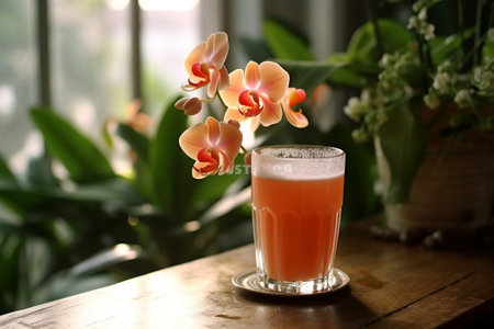 Generative AI : Coffee glass cup and orchid Flower on wooden tray evening drinkingの素材