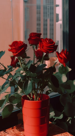 Generative AI : Red rose lay on opened notebook and plant potsの素材