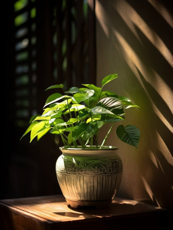 Generative AI : Rangoon Creeper in pot on wooden tableの素材