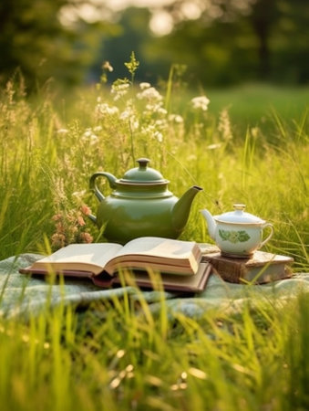 Generative AI : Old vintage teapot and notebooks at outdoorの素材