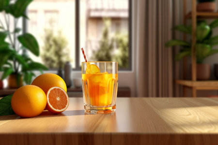 Generative AI : Oranges and milk in a glass cup with plant pot on wooden table indoorの素材