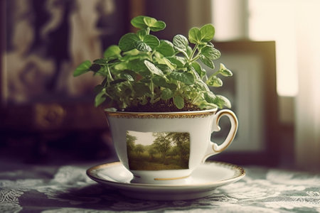 Generative AI : Hot tea cup and Phyllodium pulchellum plant potの素材