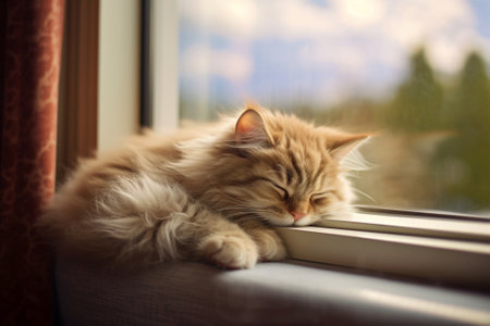 Generative AI : Kitten sleeping in front of windowの素材