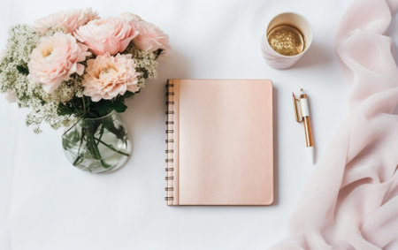 Generative AI : pink roses in a white vase and leather notebook on wooden table with natural sunlightの素材