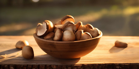 Generative AI : Shiitake on wooden tableの素材