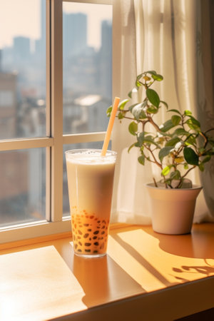 Generative AI : Transparent tea glass and plant pot on balcony frameの素材