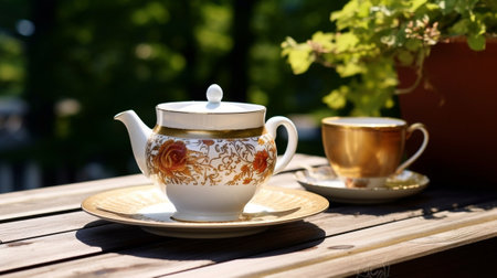 Generative AI : Tea in classic white cup at outdoorの素材