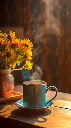 Generative AI : Yellow coffee cup with yellow Chrysanthemum flowers on wooden table at outdoorの素材