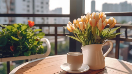 Generative AI : cup wit plants in pots with notebook on white metal table at balcony outdoorの素材
