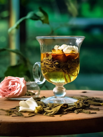 Generative AI : lotus pollen tea in clear glass cupの素材