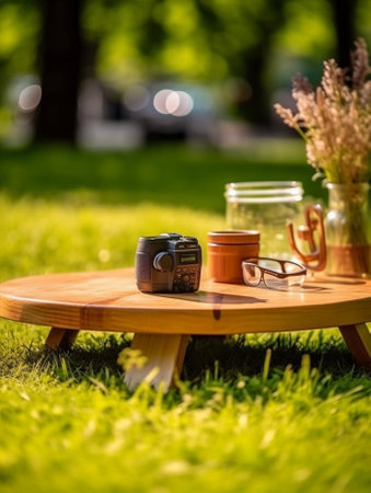 Generative AI : wooden small tea cup and earthenware pot on wooden table outdoor drinkingの素材