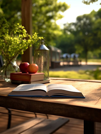 Generative AI : Brown vintage wooden cup with books at outdoorの素材