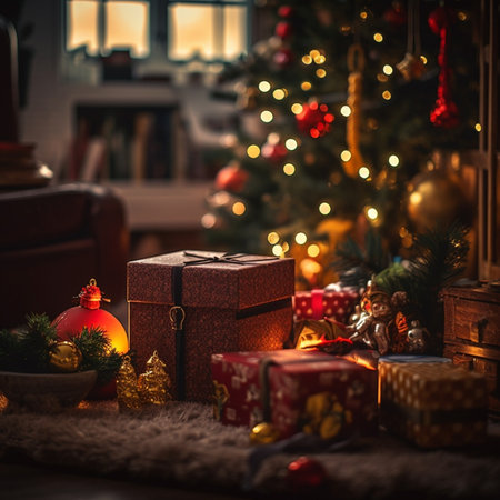 Generative AI : Christmas lights and gift boxes decoratingの素材