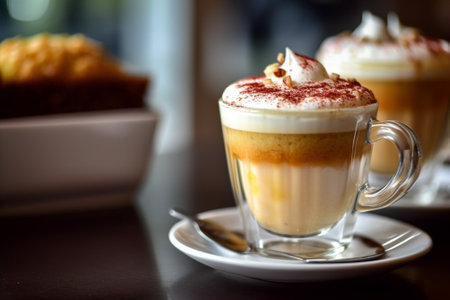 Generative AI : Coffee glass cup and cup cakesの素材