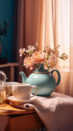 Generative AI : Brown tea pot and tea cup on blue wooden tableの素材