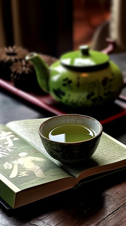 Generative AI : Green tea cup with matching tea pot and notebooks under natural sunllightの素材