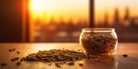 Generative AI : Dill seeds on wooden tableの素材