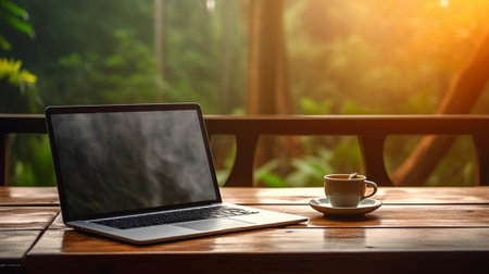 Generative AI : Laptop and coffee glass cup on wooden table indoorの素材