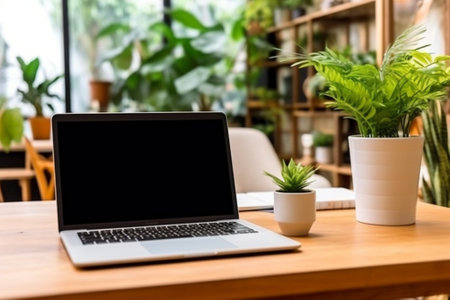 Generative AI : Laptop and notebooks indoor plants work from home set upの素材