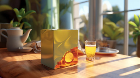 Generative AI : Earthenware teapot glasses and tea cup and notebooks on wooden tableの素材
