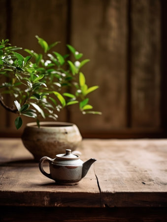Generative AI : Metal tea pot and tea cup and plant pot on wooden tableの素材