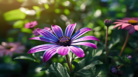 Generative AI : Purple lilac daisy flower green leavesの素材