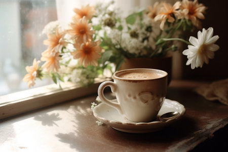 Generative AI : White coffee and Chrysanthemum indicum Linn flowersの素材