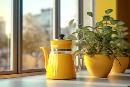 Generative AI : Yellow coffee cup and moka pot and plant pot in front of glass windowの素材
