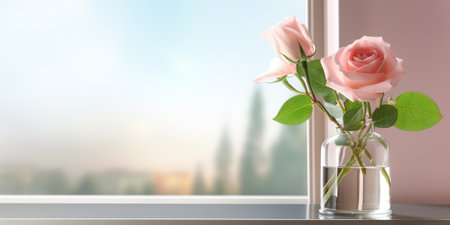 Generative AI : Pink rose in white jar on wooden tableの素材