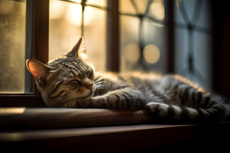Generative AI : Kitten sleeping in front of windowの素材