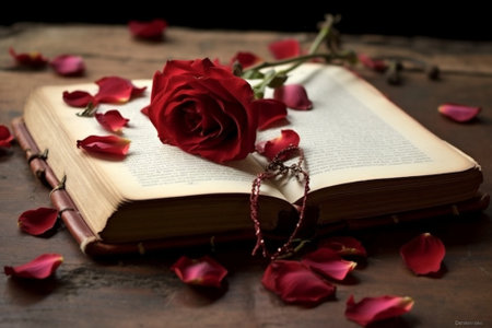 Generative AI : Red rose in glass jar with pink heart and diary bookの素材