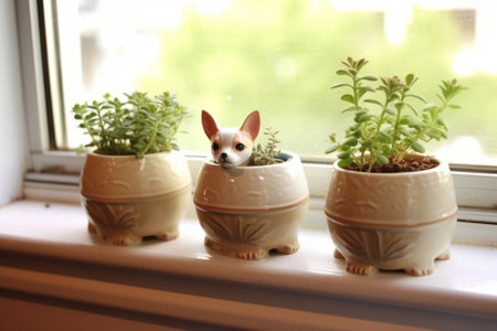 Generative AI : Small cute catus pots place in front of window glassの素材