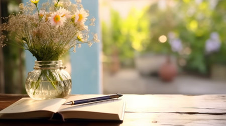 Generative AI : Notebook and flower on wood plate on wood tableの素材