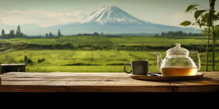 Generative AI : Tea in glass cup and tea pot on wooden table with nature viewの素材