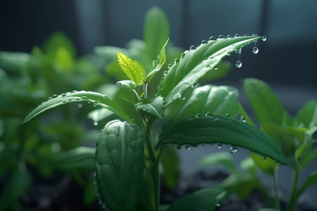 Generative AI : Young green sappling plant with dew growingの素材