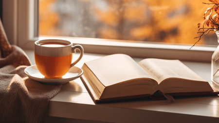 Generative AI : Yellow mug and open bookの素材