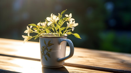 Generative AI : White cup and white pot and flowers in rustic watering pot on wooden tableの素材