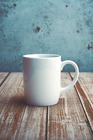 Generative AI : small white coffee cup on grey grunge wooden tableの素材