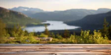 Generative AI : wooden surface and nature view with sunlightの素材