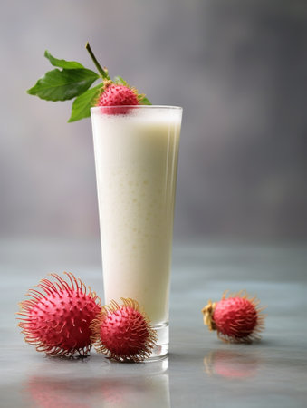 Generative AI : White cup and notebooks with rambutan fruit at outdoorの素材