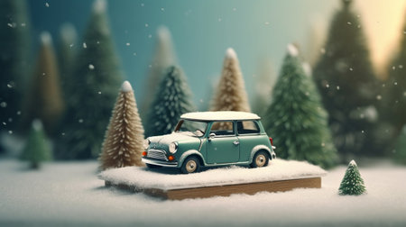 Generative AI : pine cones on miniature car and Christmas tree decorations on wooden table with nature outdoor viewの素材