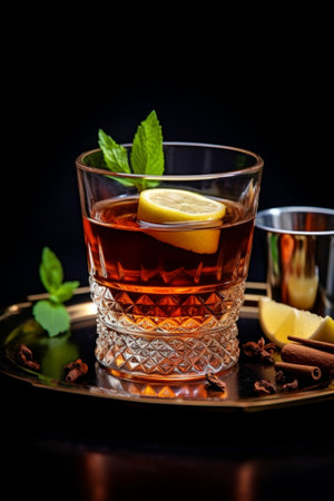 Generative AI : Bael tea in a glass cup on black tableの素材