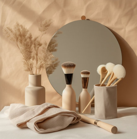 Generative AI : Biodegradable toiletries bamboo toothbrush and natural soap and mirror and roses vaseの素材
