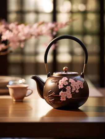 Generative AI : Black traditional teapot with cup and pink flower on wooden tableの素材