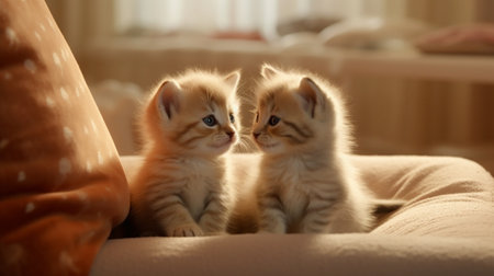 Generative AI : A pair of orange tabby kittens playing on couchの素材
