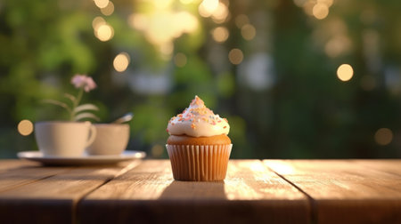 Generative AI : Cupcake with small cactus plant and diary notebook with blue jar on wooden table at outdoorの素材