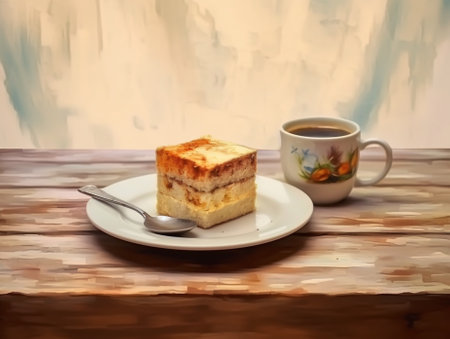 Generative AI : Coffee and banana cake roll on white wooden table indoor drinkingの素材