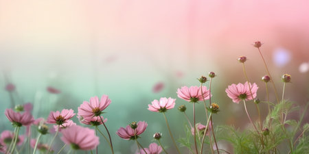Generative AI : Delicate Pink cosmos flower rear view garden with soft pink bokeh backgroundの素材