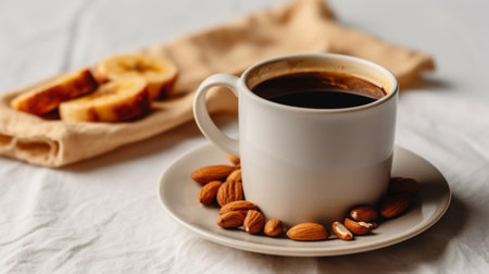 Generative AI : Coffee in white cup and peanut sesame bar snack and wooden folk on wooden tableの素材