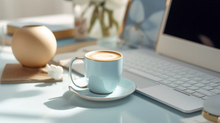 Generative AI : Laptop with white screen and coffee glass cup with cremaの素材